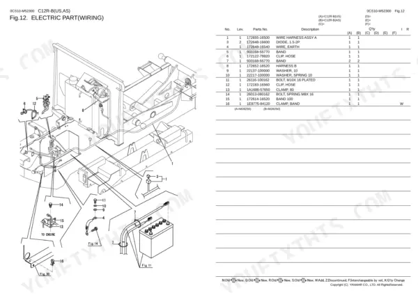Yanmar C12R-B, 2TE67L-FW3 electric wiring parts diagram and components list including harness, diode, and battery cables.