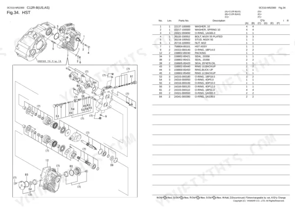 Yanmar C12R-B, 2TE67L-FW3 exploded view diagram and parts list for the HST hydraulic transmission assembly.