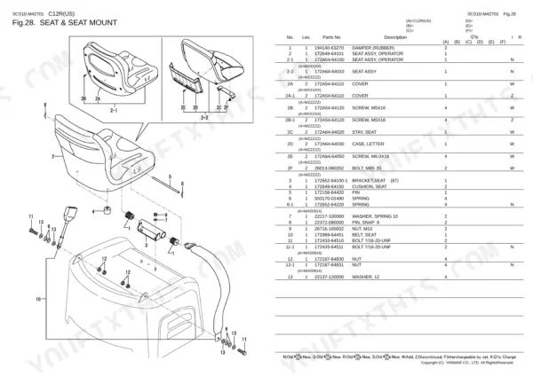 Yanmar C12R, C12R (US), 2TNE68-EFW exploded view diagram and parts list for seat and seat mount assembly components.