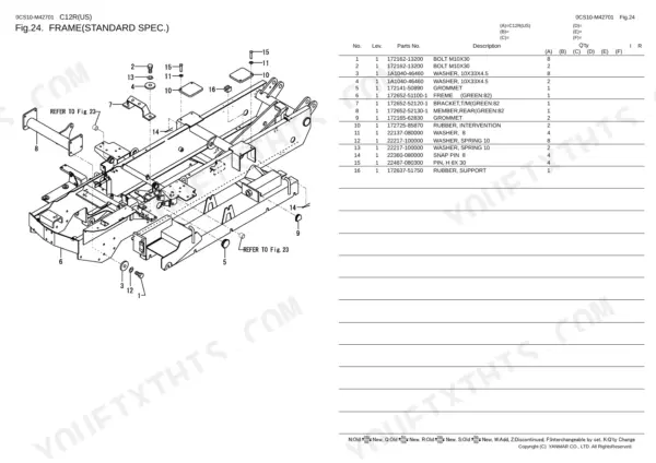 Yanmar C12R, C12R (US), 2TNE68-EFW exploded view of standard frame assembly with parts list and hardware references.