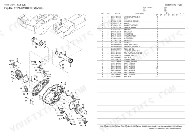 Yanmar C12R, C12R (US), 2TNE68-EFW transmission case exploded view diagram and parts list with hardware references.