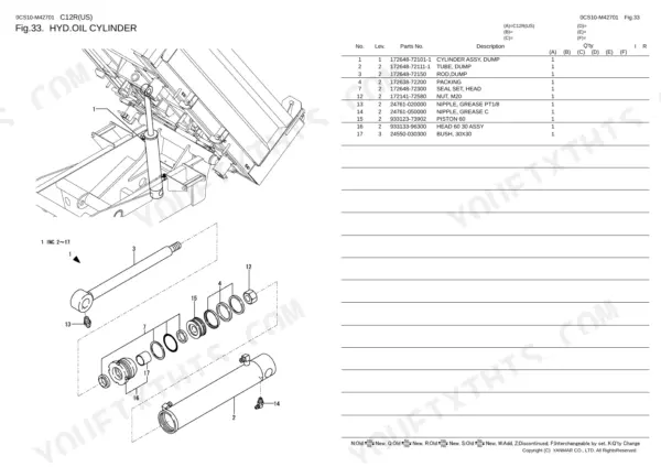 Yanmar C12R, C12R (US), 2TNE68-EFW exploded view diagram and parts list for the hydraulic dump oil cylinder assembly.