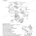 Yanmar C30R-2 engine cylinder head exploded view diagram and disassembly procedure for components and rocker arm assembly.