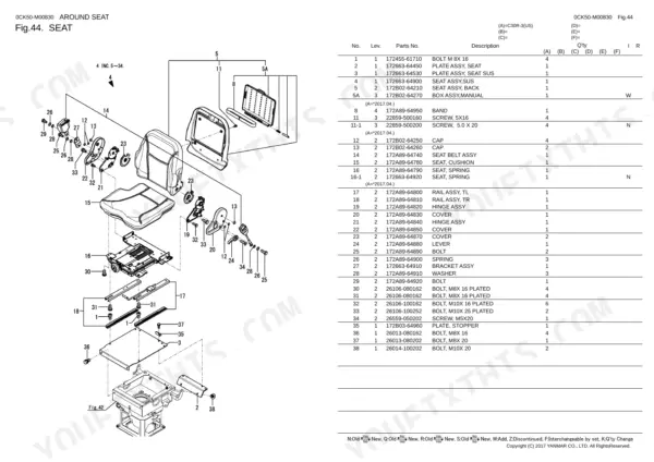 Yanmar C30R-3, C30R-3 (US), 4TNV88C-KFW exploded view diagram and parts list for operator seat assembly.