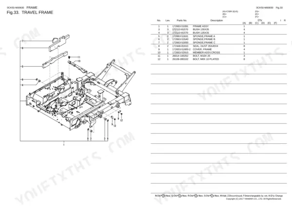 Yanmar C30R-3, C30R-3 (US), 4TNV88C-KFW exploded view of travel frame assembly with parts list and hardware.