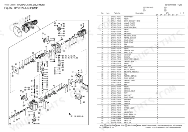 Yanmar C30R-3, C30R-3 (US), 4TNV88C-KFW hydraulic pump exploded view diagram and parts list with reference numbers.