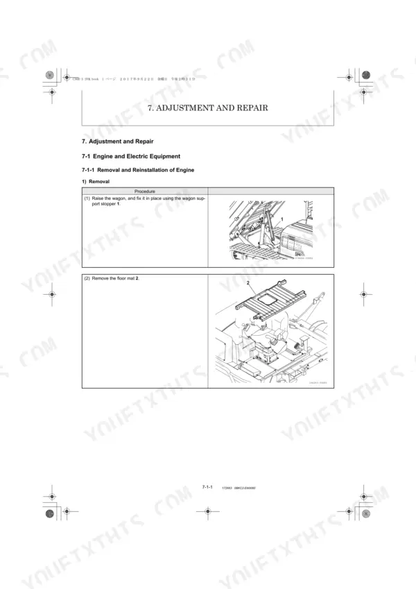 Yanmar C30R-3 engine removal procedure showing wagon support stopper and floor mat removal diagrams.