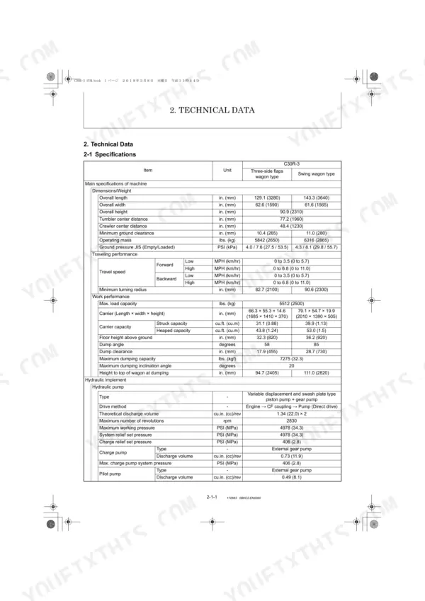 Yanmar C30R-3 technical data table listing machine dimensions, weight, travel performance, and hydraulic pump specifications.