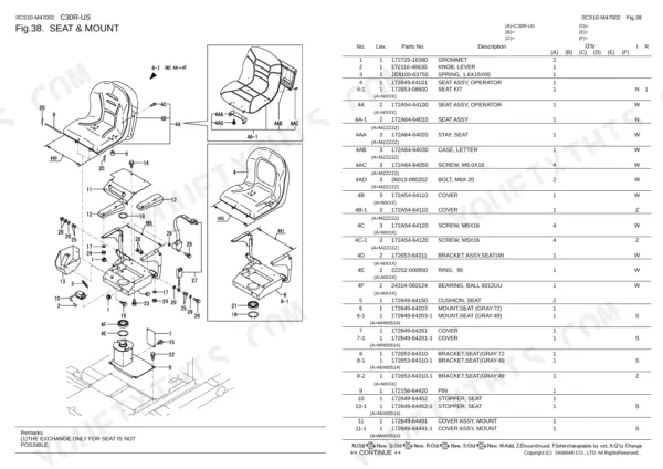 Yanmar C30R-US, 3TNV88-FFW exploded view diagram and parts list for the operator seat and mounting assembly components.