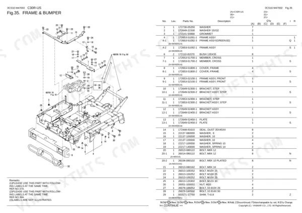 Yanmar C30R-US, 3TNV88-FFW exploded view of frame and bumper assembly with corresponding parts list and hardware.
