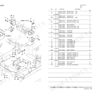 Yanmar C30R-US, 3TNV88-FFW engine mount exploded view diagram and parts list with bolts, stoppers, and absorbers.