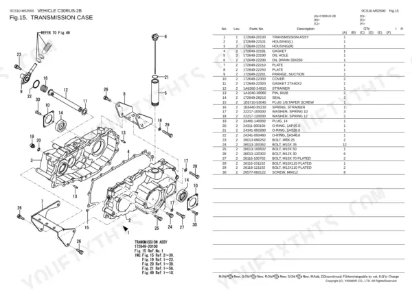 Yanmar C30RUS-2B, 3TNV88-BDFW exploded view diagram and parts list for the transmission case assembly.