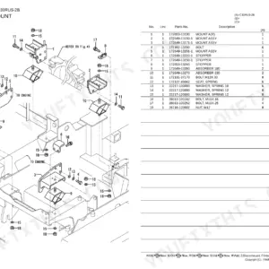 Yanmar C30RUS-2B, 3TNV88-BDFW engine mount exploded view diagram and parts list with bolts, washers, and absorbers.