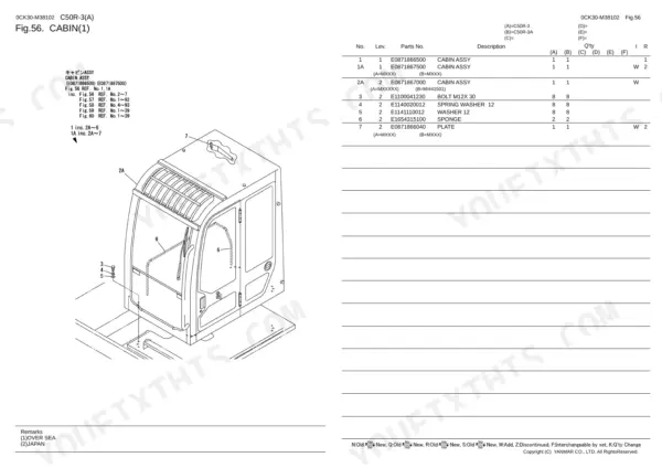 Yanmar C50R-3, C50R-3A exploded view diagram and parts list for cabin assembly components and hardware.