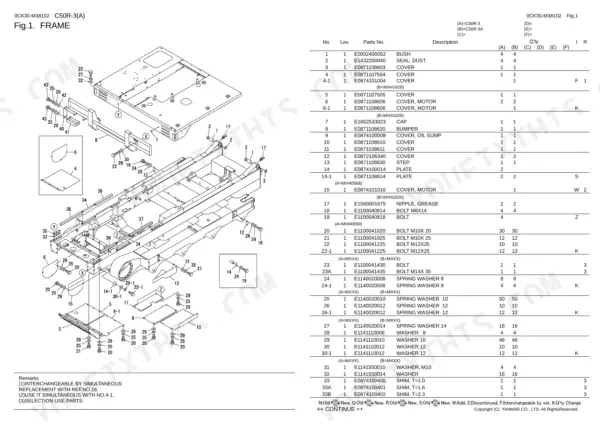 Yanmar C50R-3, C50R-3A exploded view diagram and parts list for the main frame assembly and hardware components.