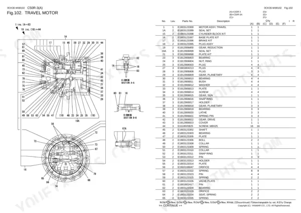 Yanmar C50R-3, C50R-3A travel motor exploded view diagram and parts list with component reference numbers.