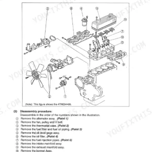 Yanmar C50R-3(R) engine cylinder head exploded view and disassembly procedure for 4TNE94-98 engine components.
