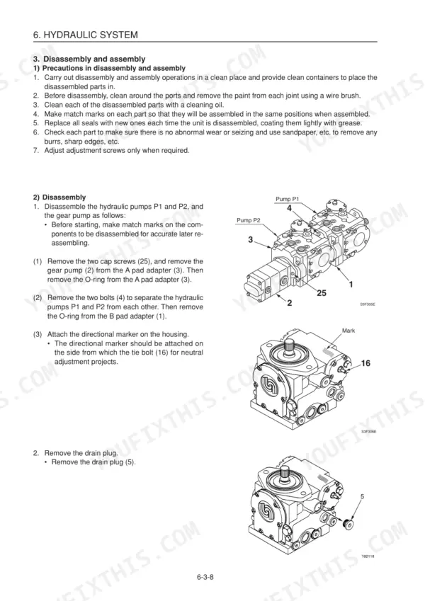 Yanmar C50R-3(R) hydraulic system disassembly procedure for pumps P1, P2, and gear pump with component diagrams.