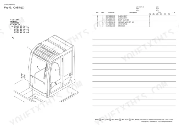 Yanmar C50R-3B exploded view diagram and parts list for cabin assembly, including bolts, washers, and sponge components.