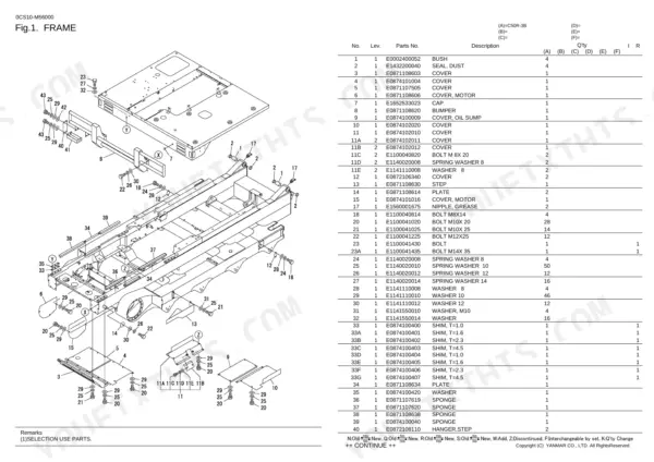 Yanmar C50R-3B exploded view diagram and parts list for the main frame assembly, including bolts, washers, and shims.