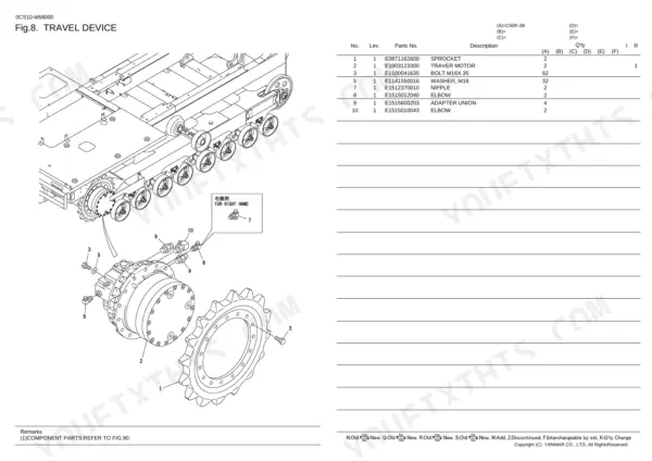 Yanmar C50R-3B travel device exploded view showing travel motor, sprocket, and hydraulic fittings parts list.