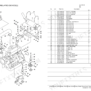 Yanmar C50R-3B exploded view of engine, air intake, and silencer components with corresponding parts list table.