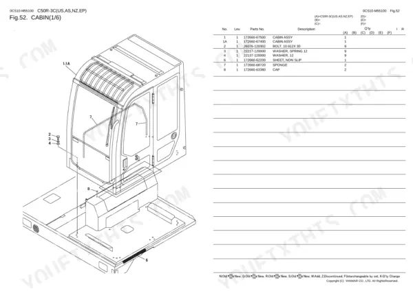 Yanmar C50R-3C, C50R-3C(US,AS, NZ,EP) exploded view diagram and parts list for cabin assembly components.
