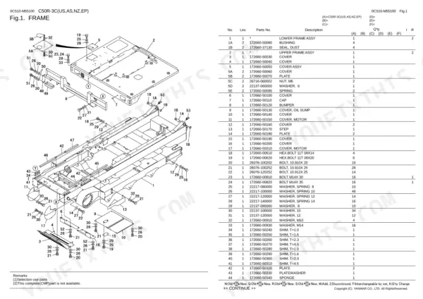 Yanmar C50R-3C, C50R-3C(US,AS, NZ,EP) exploded view diagram and parts list for the main frame assembly.