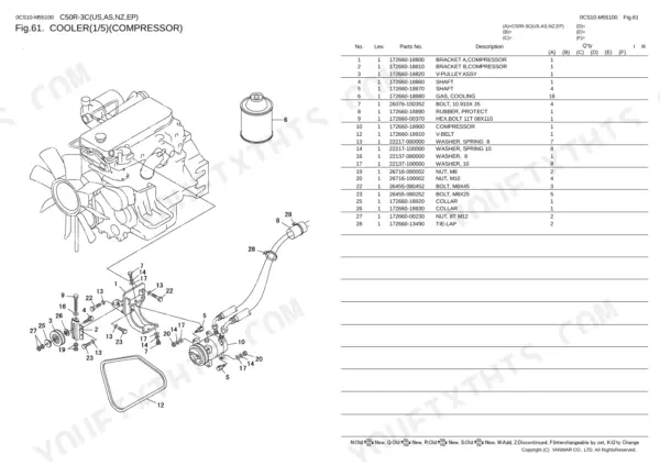 Yanmar C50R-3C, C50R-3C(US,AS, NZ,EP) parts diagram and list for the AC compressor and cooling system components.