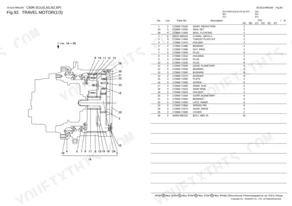 Yanmar C50R-3C, C50R-3C(US,AS, NZ,EP) travel motor exploded view diagram and parts list with component descriptions.
