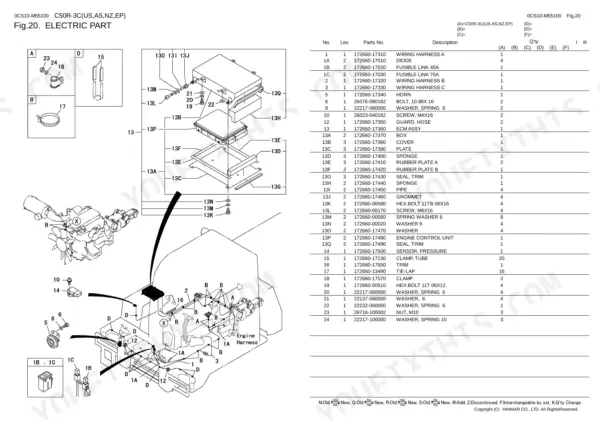 Yanmar C50R-3C, C50R-3C(US,AS, NZ,EP) electric parts exploded view diagram and components list for engine harness.