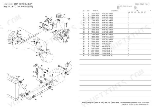 Yanmar C50R-3C, C50R-3C(US,AS, NZ,EP) hydraulic oil piping diagram and parts list for hoses, protectors, and clamps.