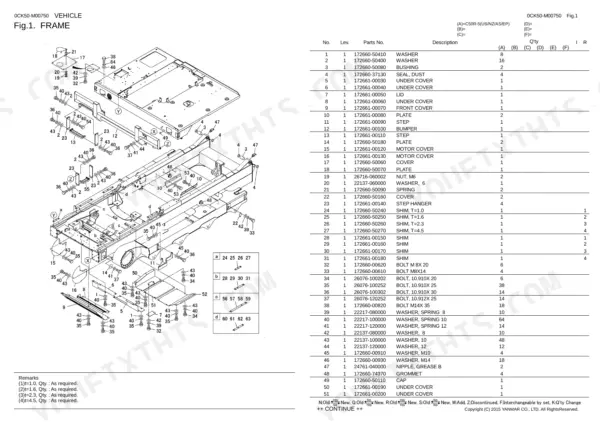 Yanmar C50R-5, 4TNV94CHT-NTBC exploded view diagram and parts list for the vehicle frame assembly and components.