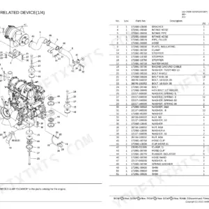 Yanmar C50R-5, 4TNV94CHT-NTBC engine air cleaner and mounting parts exploded view and parts list table.