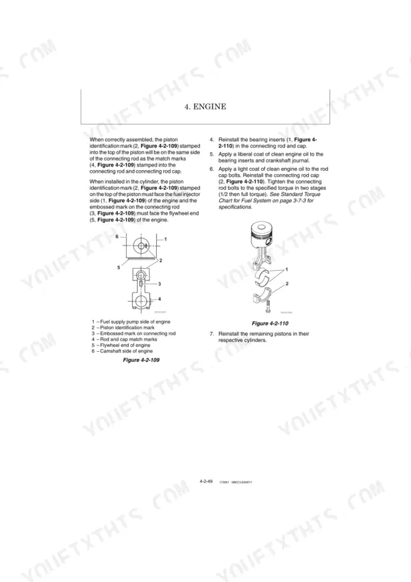 Yanmar C50R-5, C50R-5 (YCEE) engine manual: piston and connecting rod installation procedures and assembly diagrams.