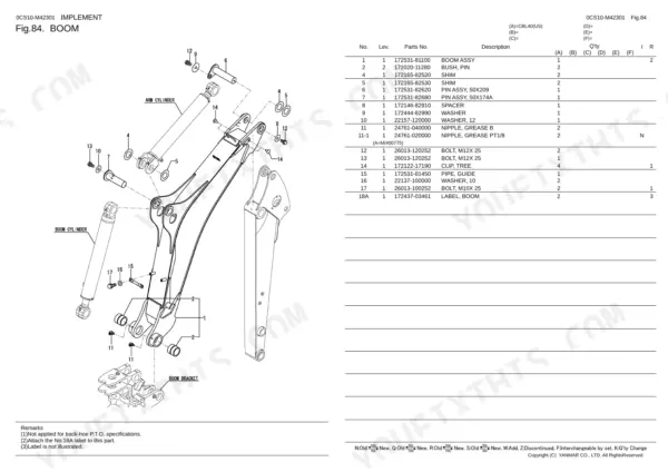 Yanmar CBL40(US) exploded view diagram and parts list for boom assembly, including arm and boom cylinders.
