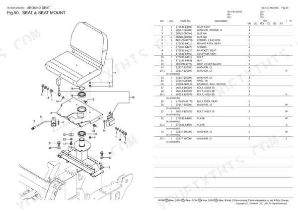 Yanmar CBL40(US) exploded view of seat and seat mount assembly with corresponding parts list table.