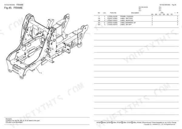 Yanmar CBL40(US) exploded view diagram of the main chassis frame and parts list for labels and frame components.