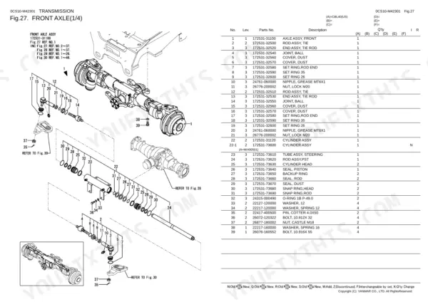 Yanmar CBL40(US) front axle exploded view parts diagram and list including steering cylinder and tie rod components.