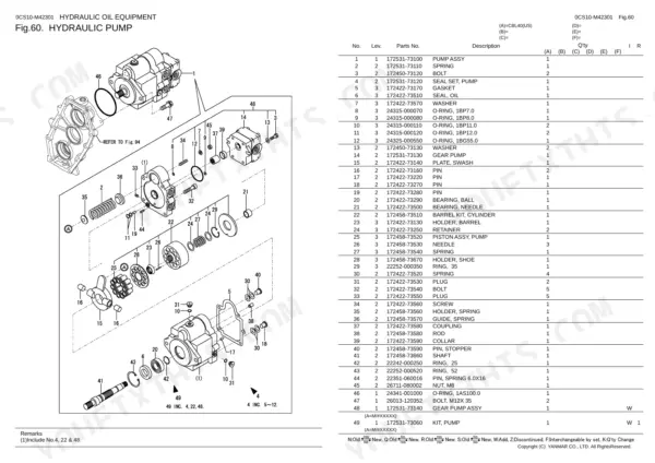 Yanmar CBL40(US) hydraulic pump exploded view diagram and parts list with component numbers and descriptions.