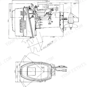 Yanmar D27A, D36A exterior view diagram showing outboard motor dimensions, transom height, and tilt angle specifications.