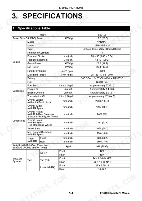 Yanmar EB3100 specifications table listing engine, capacity, dimension, weight, and tire data for the tractor.