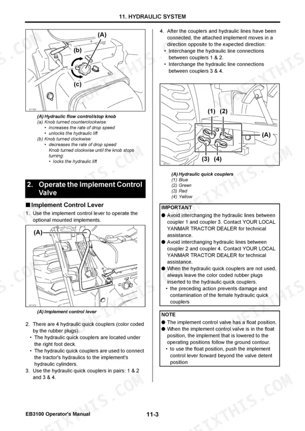 Yanmar EB3100 hydraulic system manual showing flow control knob, implement control lever, and color-coded quick couplers.