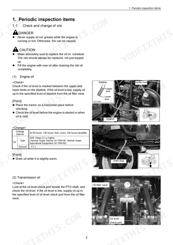 Yanmar EF-312T, EF-352T periodic engine and transmission oil inspection and change procedures with component diagrams.