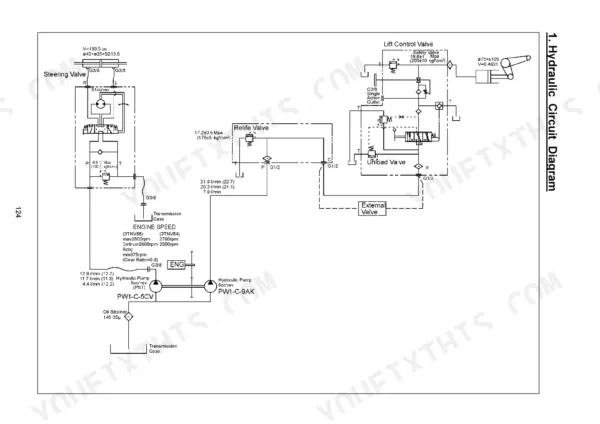 Yanmar EF-312T, EF-352T hydraulic circuit diagram showing steering, lift control, relief, and unload valves.
