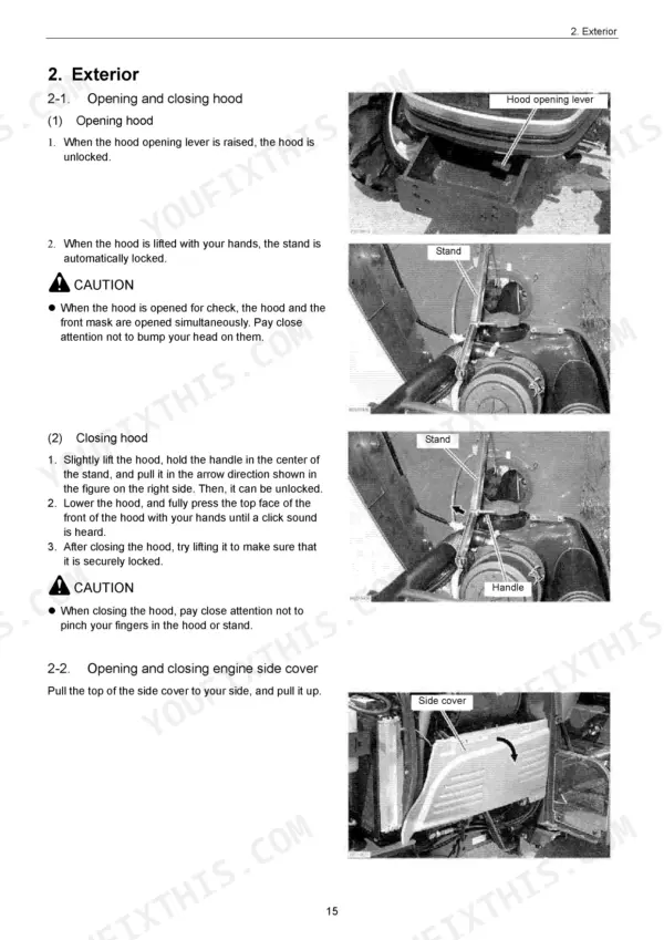 Yanmar EF-312T, EF-352T procedures for opening and closing the tractor hood and engine side cover with component photos.