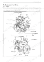 Yanmar EF-312T, EF-352T engine structure diagram showing intake, fuel pump, alternator, hydraulic pump, and flywheel.