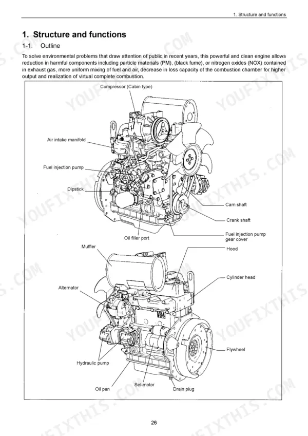 Yanmar EF-312T, EF-352T engine structure diagram showing intake, fuel pump, alternator, hydraulic pump, and flywheel.