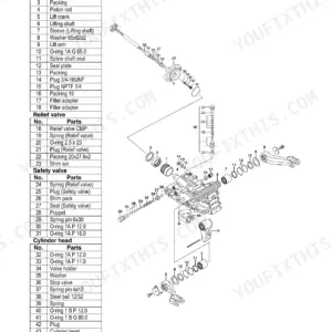 Yanmar EF-494T hydraulic lift unit exploded view diagram and parts list for cylinder case, relief, and safety valves.