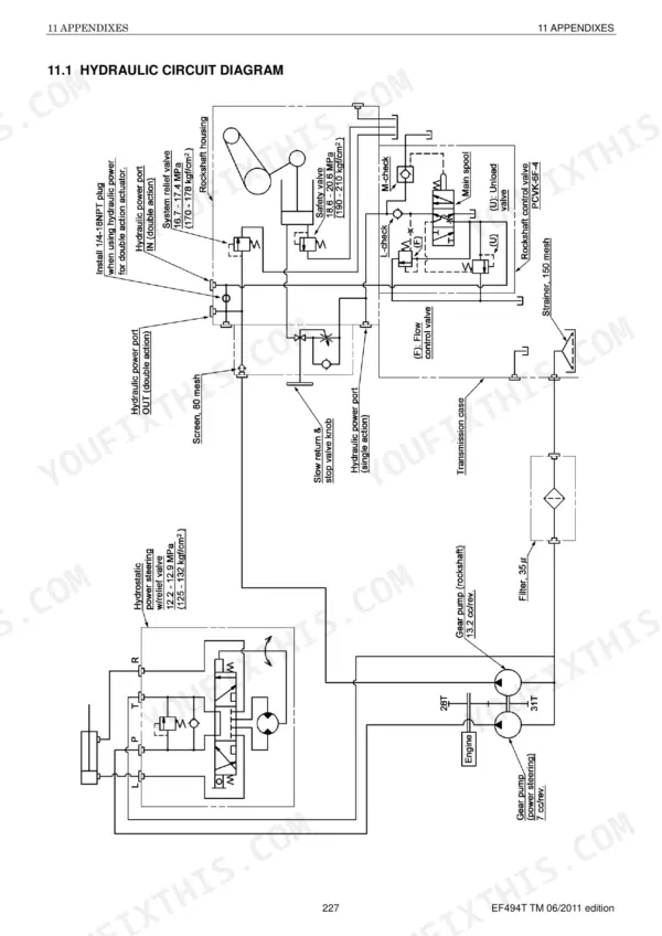 Yanmar EF-494T hydraulic circuit diagram showing pumps, valves, filters, and rockshaft control system components.